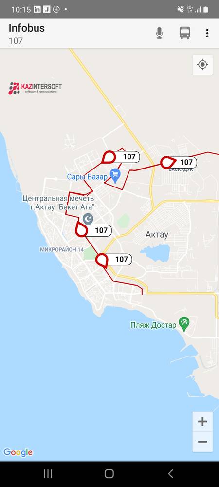 Маршрут 107. Маршрут автобуса 107 в Актау на схеме расположения.