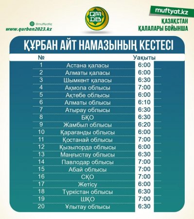 Опубликовано расписание чтения Курбан айт-намаза