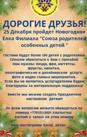 Предпринимателей и жителей Актау просят помочь с организацией Ёлки для особенных детей